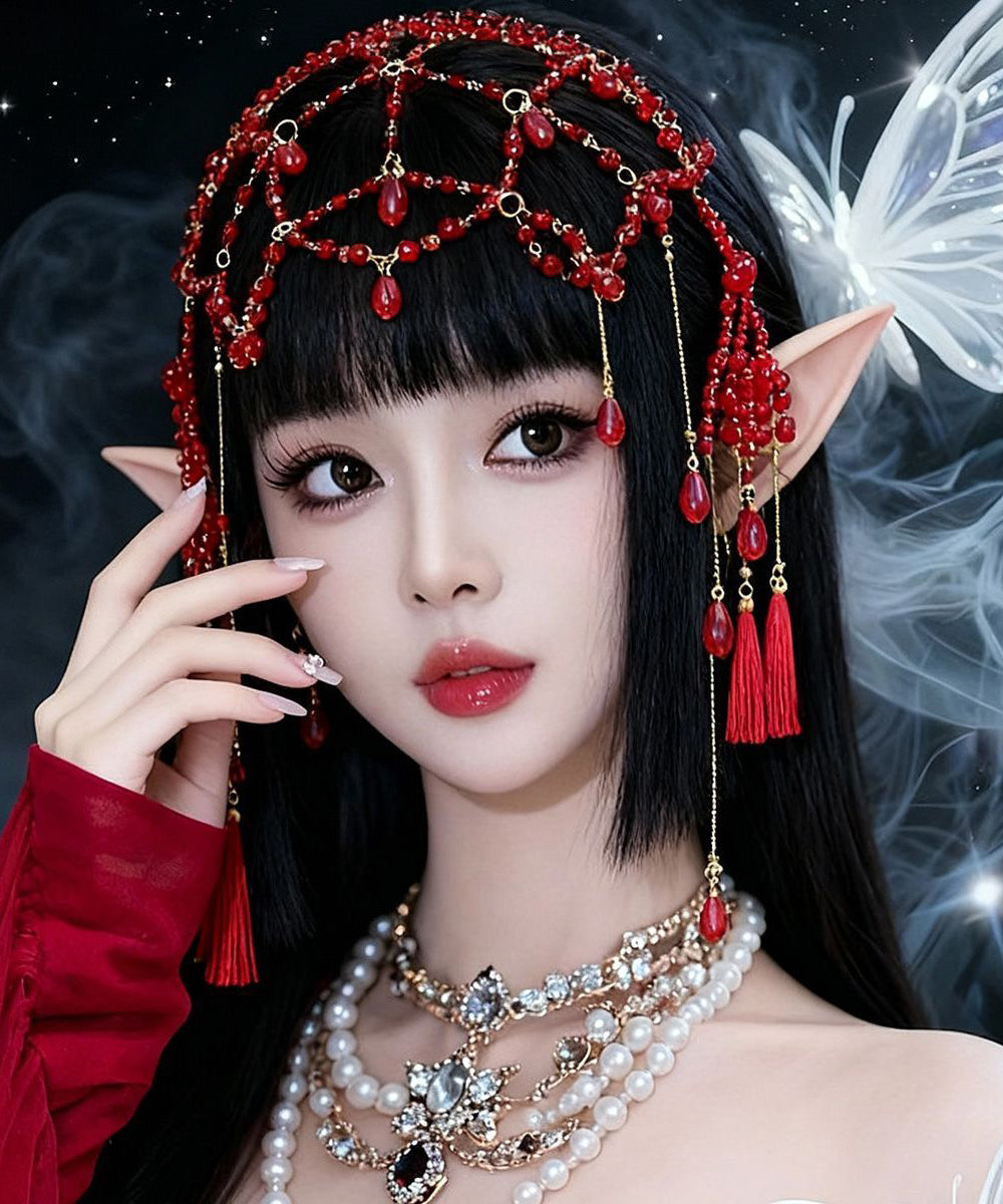 Red Alloy Pearl Hollow Out Tassel Headwea