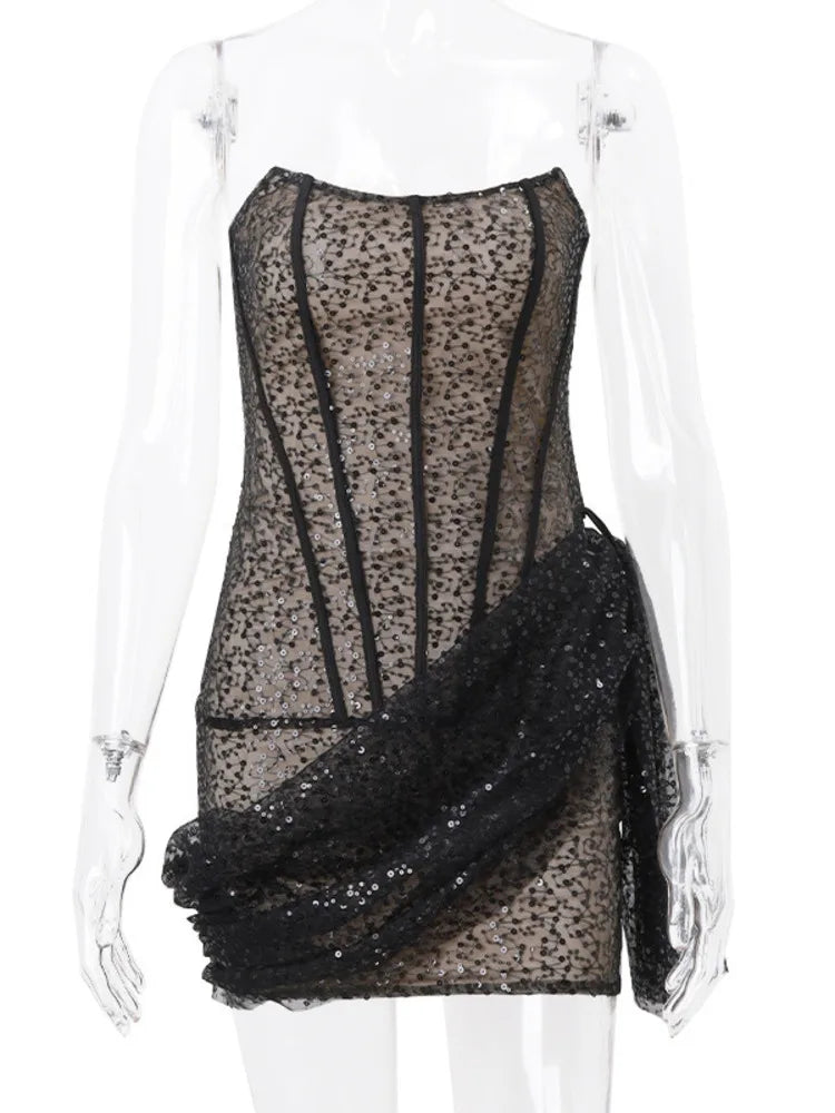 Strapless Skinny Mini Dress for Off-shoulder Backless Sleeveless Lace-up Club Party Dress