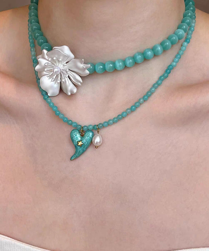 Blue Alloy Amazonite Love Pearl Pendant Necklace Two-piece Set