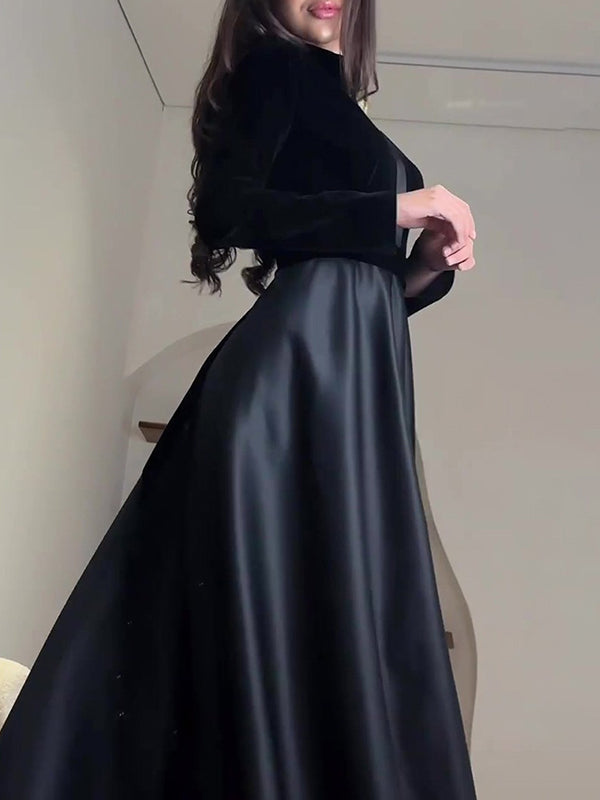 A-line Long Sleeves Pleated Split-joint Zipper Mock Neck Maxi Dresses