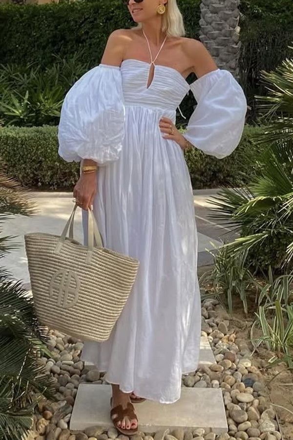 Color Off-the-shoulder Hollow Puff Sleeve Maxi Dress