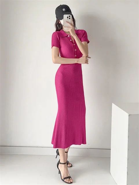 Ribbed High Waist Slim Maxi Dress for Knitwear Lapel Party Dress Gown Short Sleeve Knit Dress