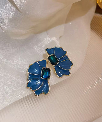 Blue Alloy Crystal Drip Glaze Petal Stud Earrings