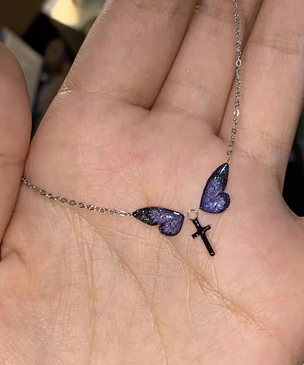 Purple Silver Alloy Zircon Butterfly Cross Pendant Necklace