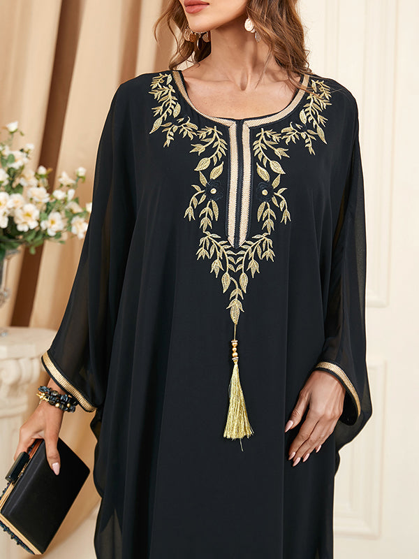 Batwing Sleeves Long Sleeves Embroidered Gauze Tasseled Round-neck Maxi Dresses