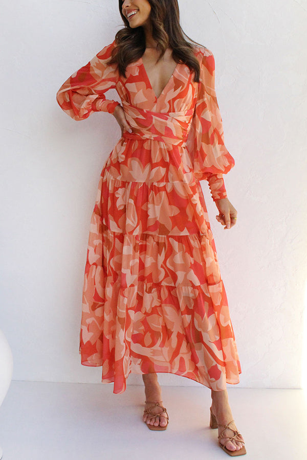 Olena Abstract Balloon Sleeves Maxi Dress (the Back Is Stretchy)
