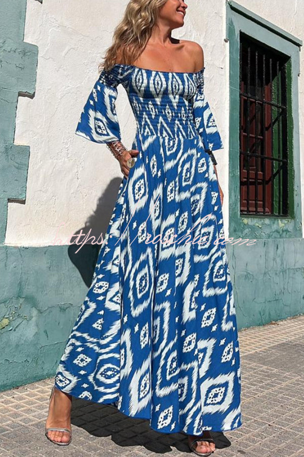Close to the Vacation Print Smocked Off Shoulder Pocketed Maxi Dress