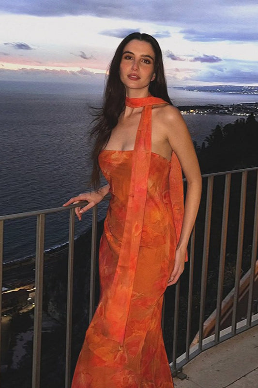 Strapless Tie-detail Mesh Maxi Dress