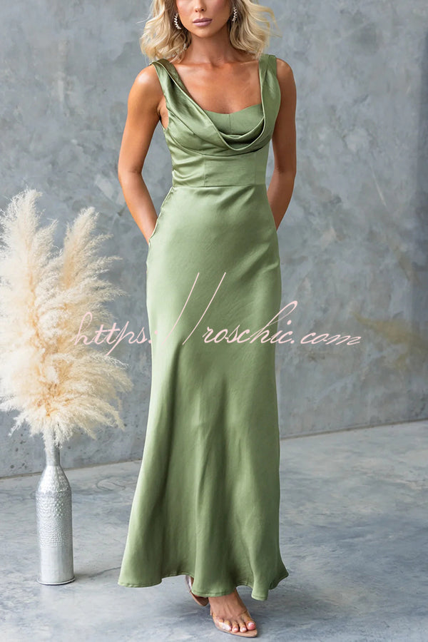 Muse Satin Color Cowl Neck Back Tie-up Maxi Dress