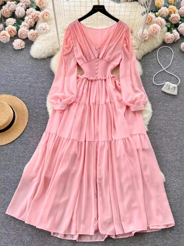 Chiffon Long Dress V-neck Long Sleeved Dresses French Pleated Slim A-line Long Robe Vestidos