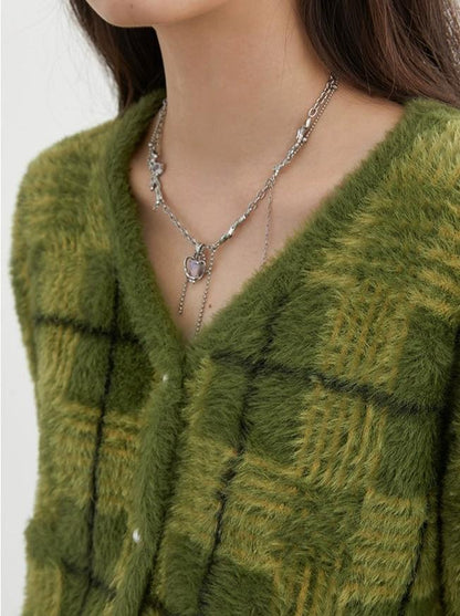 Plaid Fuzzy Cropped Cardigan