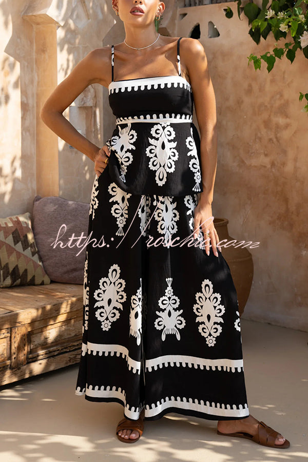 Unique Print Suspender Pleated Top and Elastic Waist Loose Wide-leg Pants Set