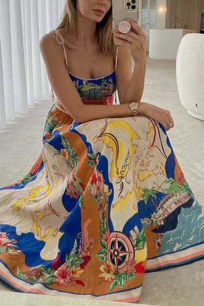 Unique Printed Lace-up Suspender Pockets Resort Style Midi Dress