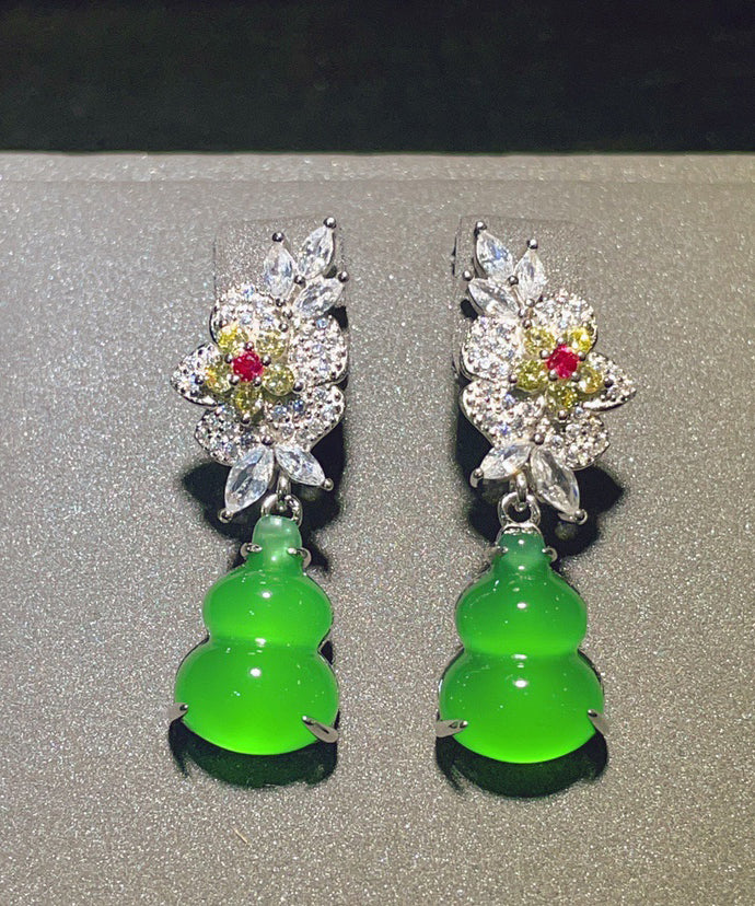 Green Sterling Silver Zircon Jade Gourd Drop Earrings
