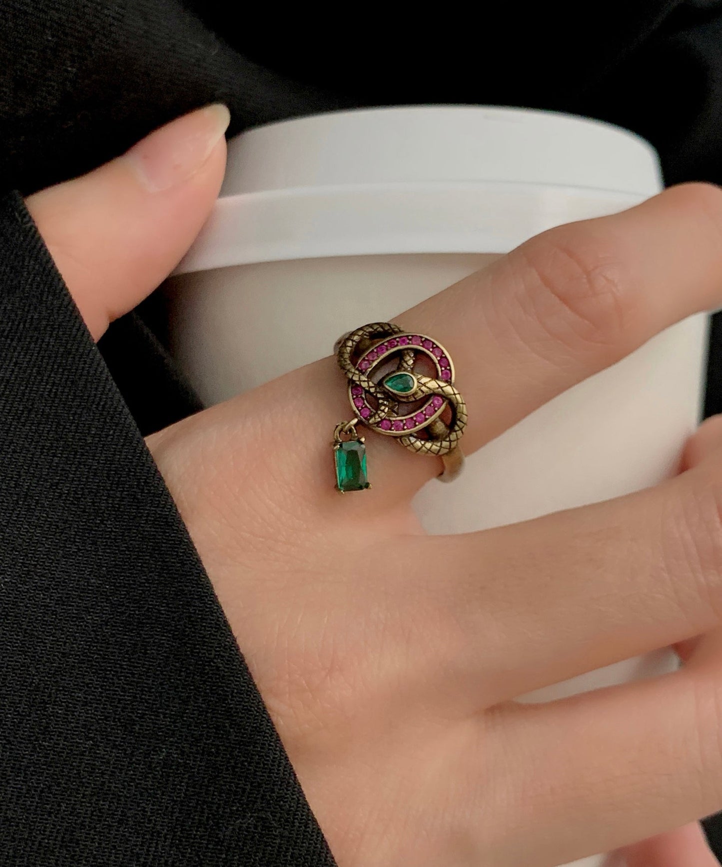 Colorblock Ancient Gold Zircon Small Snake Open Rings