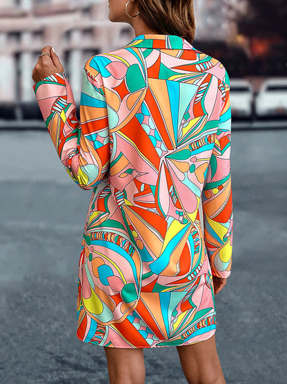 A-line Long Sleeves Buttoned Printed Lapel Mini Dresses Shirt Dress