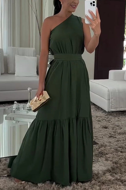 Color One Shoulder Waist Tie Maxi Dress