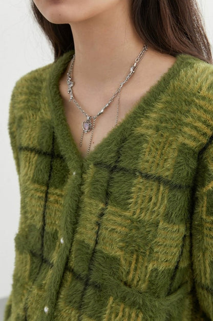 Plaid Fuzzy Cropped Cardigan