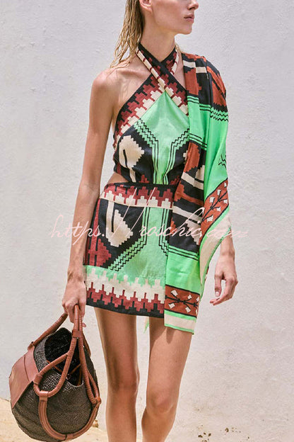 Unique Print Halter Backless Holiday Mini Dress