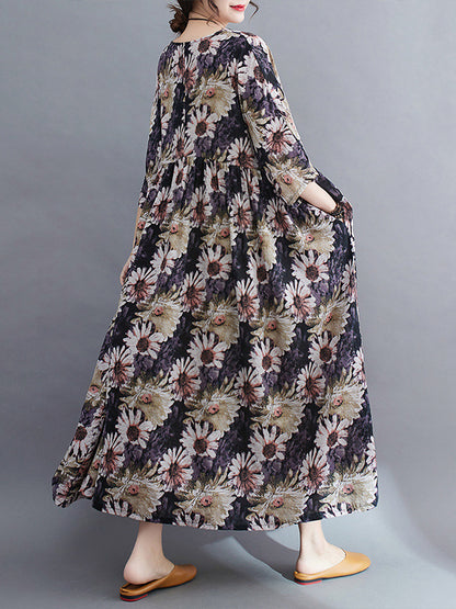 Loose Raglan Sleeve Printed Pleated Split-joint Round-neck Midi Dresses