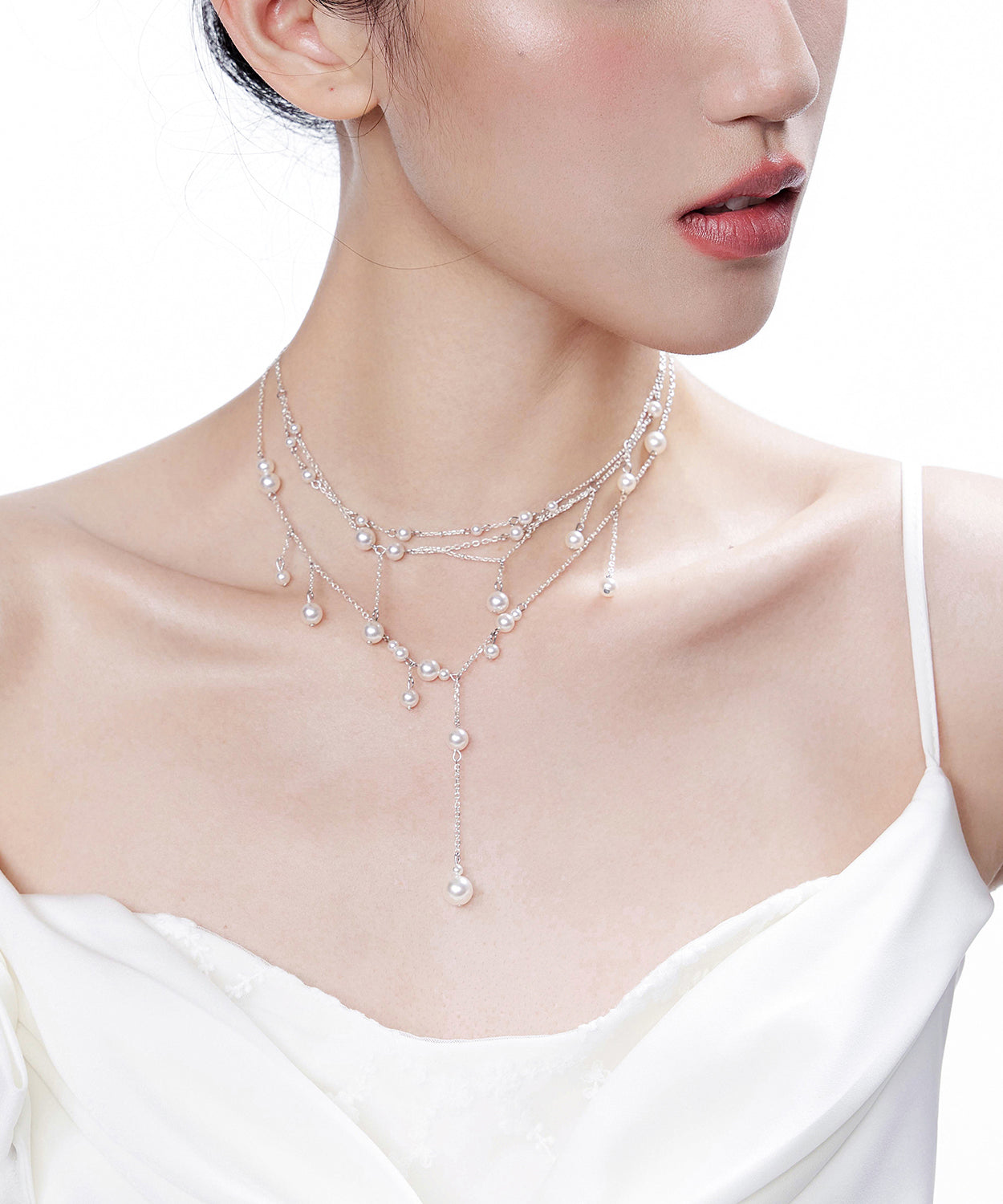 White Pyered Pearl Tassel Multi Layered Silver Necklace