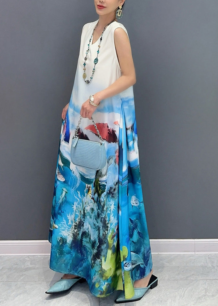 Blue V Neck Print Long Dress Sleeveless Ao1053