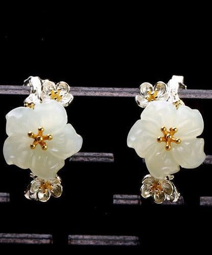 Classy White Sterling Silver Inlaid Jade Hoop Earrings
