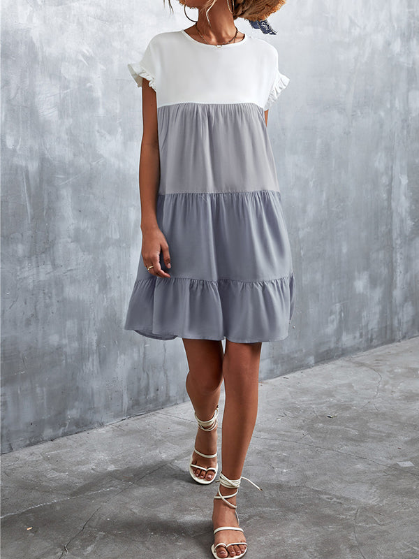 Loose Ruffle Sleeves Contrast Color Falbala Pleated Split-joint Round-neck Mini Dresses