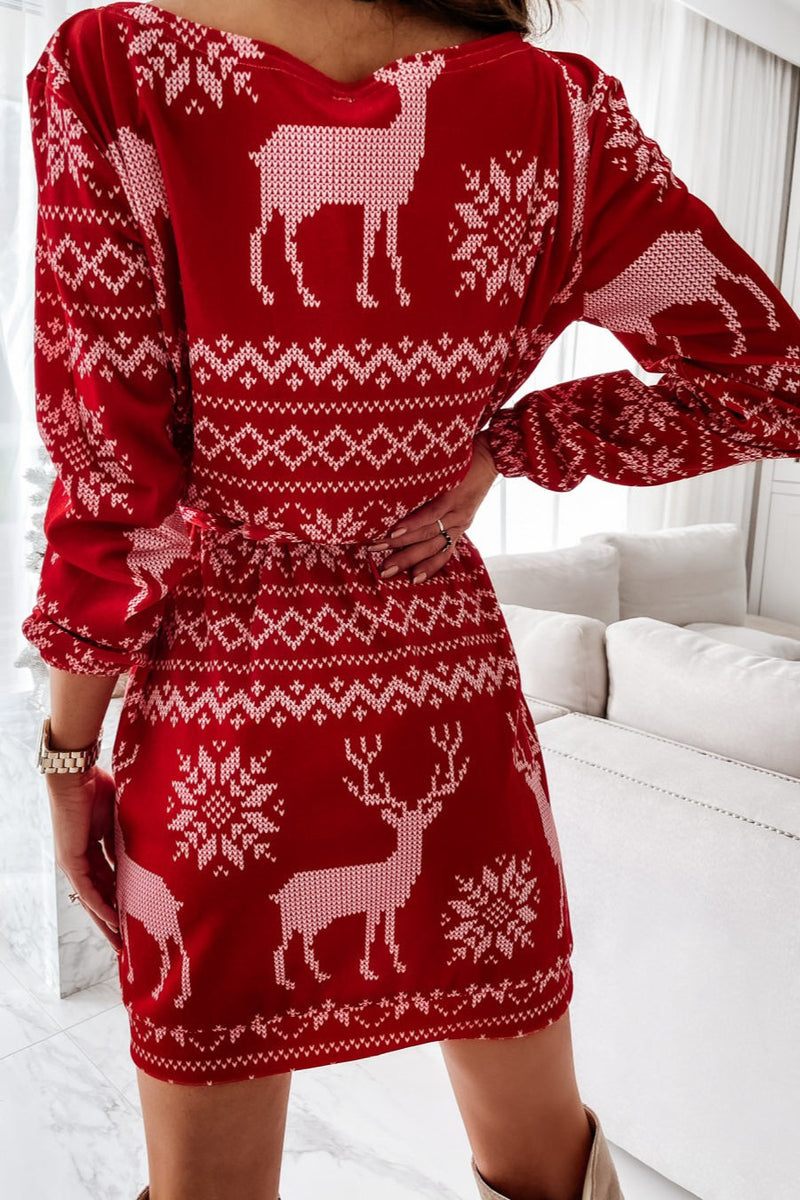 Christmas Print Long Sleeve Tie Waist Mini Dress
