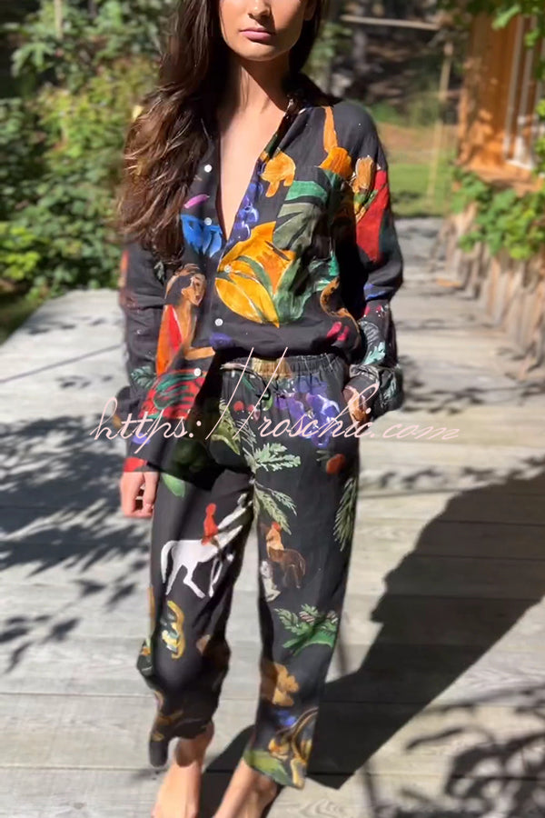 Unique Print Lapel Long Sleeve Loose Shirt and Elastic Waist Pocket Wide Leg Pants Set