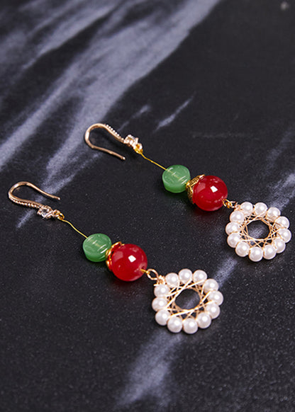 Sunflower Pearl Coral Long Drop Earrings