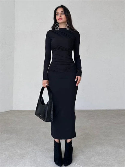 Pleated Long Sleeved Slim Maxi Dress – Off-shoulder Bodycon Gown