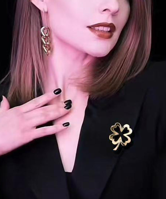 Diy Gold Stainless Steel Four Leaf Clover Hollow Out Brooches