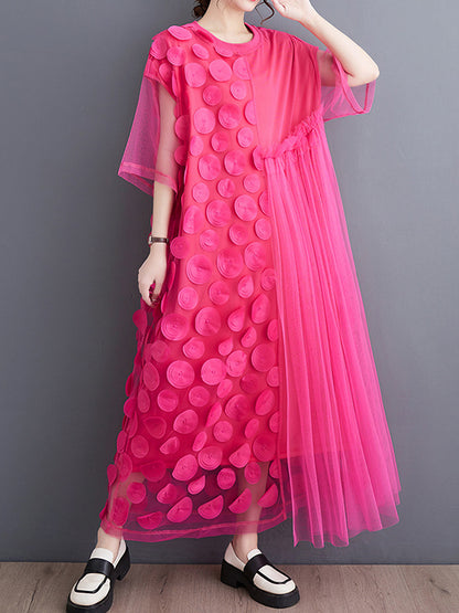 Loose Short Sleeves Asymmetric Gauze Split-joint Round-neck Midi Dresses
