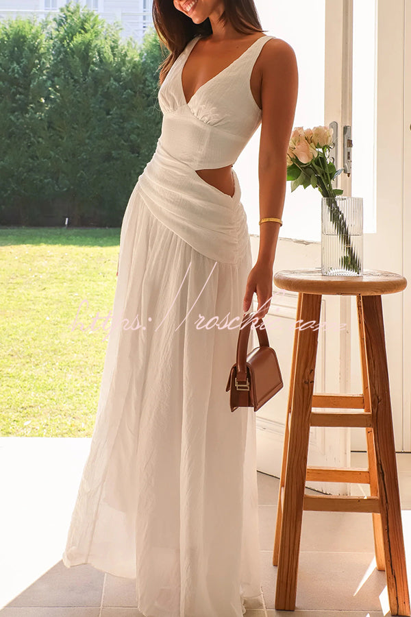 Color V-neck Waist Hollow Slim Maxi Dress