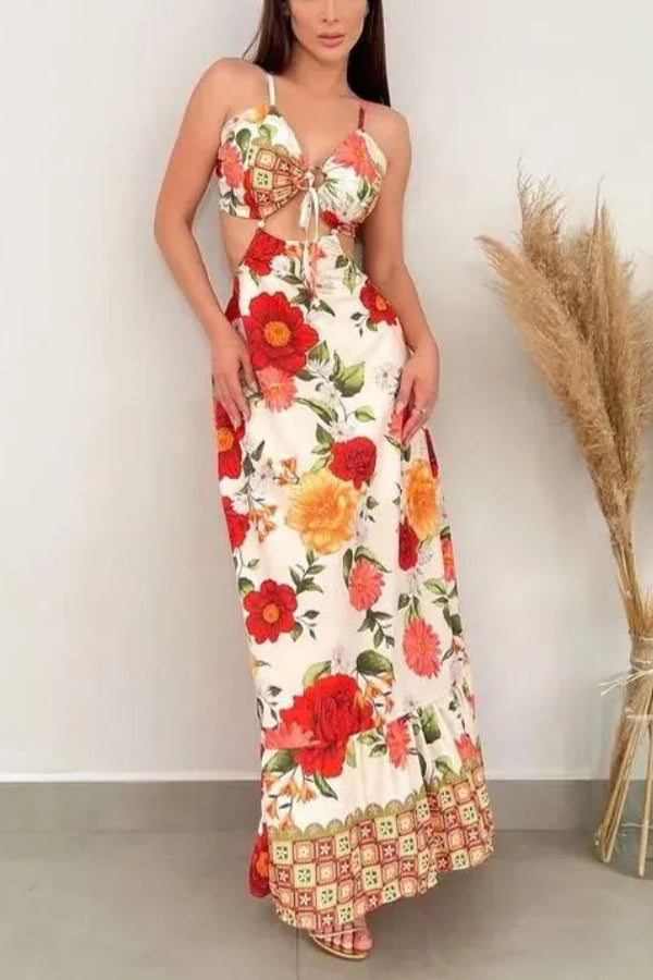Monet Blooming Rose Tie Back Cut-out Maxi Dress