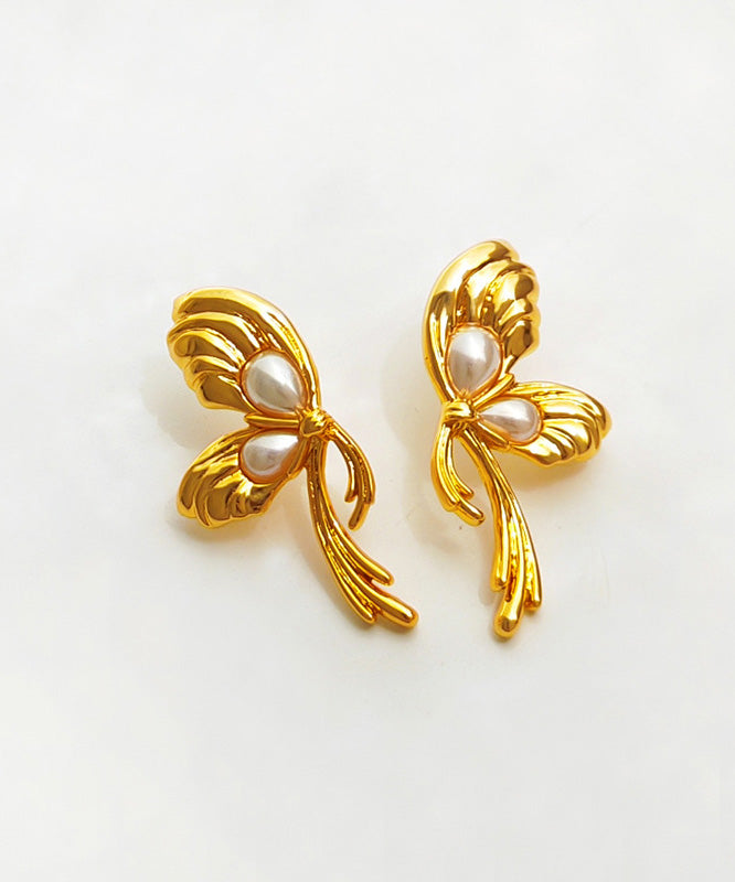 Gold Copper Overgild Pearl Bow Stud Earrings