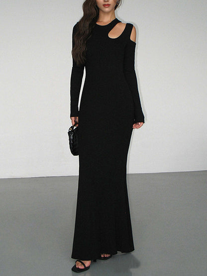 Long Sleeves Skinny Hollow Color Cold Shoulder Maxi Dresses
