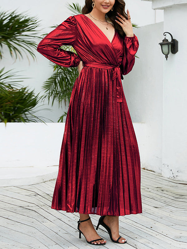 High Waisted Long Sleeves Bronzing Elasticity Pleated Color Tied Waist Deep V-neck Maxi Dresses