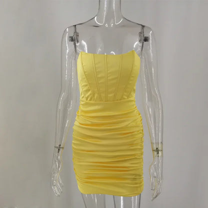 Satin Strapless Ruched Dress for Summer Off-shoulder Sleeveless Bodycon Party Clubwear Mini Dresses Vestidos