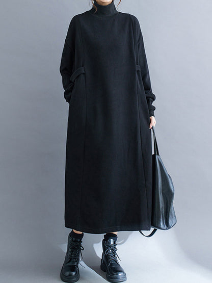 A-line Long Sleeves Color Mock Neck Midi Dresses