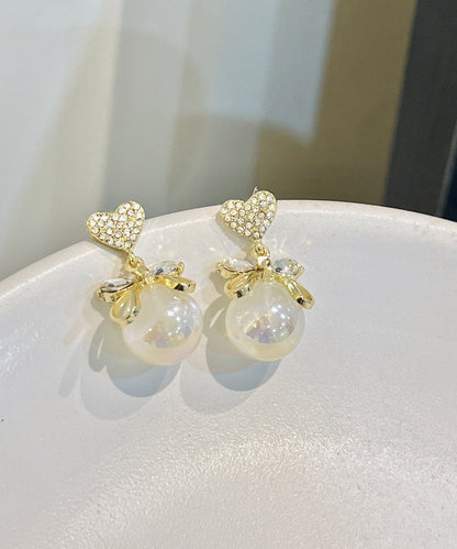 Gold Alloy Zircon Pearl Bow Love Drop Earrings