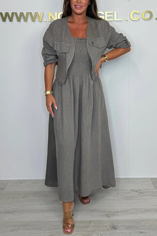 Color Short Jacket and Suspender Pleated Maxi Dress Set