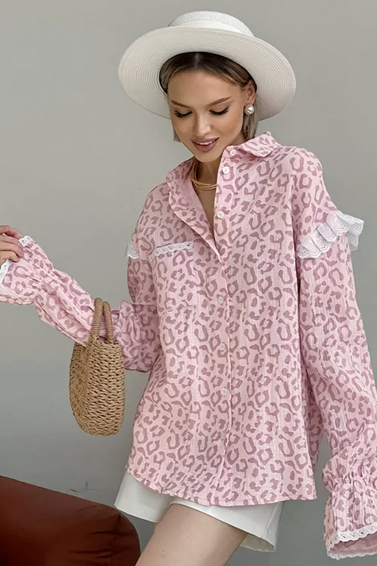 Leopard Print Cotton Long Sleeve Blouse