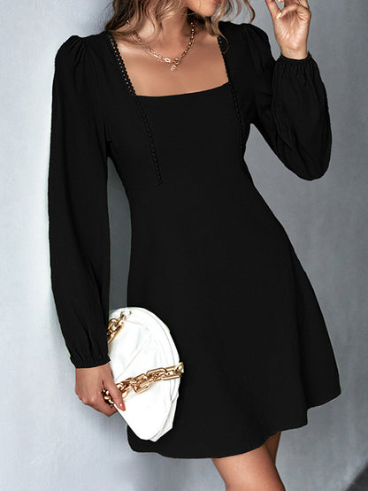 A-line High Waisted Color Split-joint Square-neck Mini Dresses