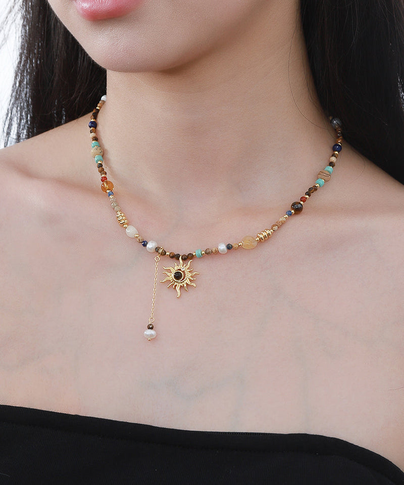 Gold Copper Allopy Pearl Agate Tiger's Eye Stone Pendant Necklace