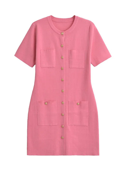 Pocket Knit Female Mini Dress Autumn Ribbed High Waist Patchwork Party Dress Knitwear Cardigan Dress