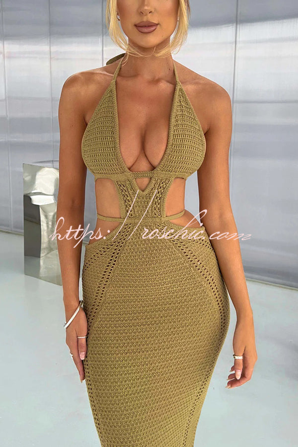 Effortlessly Cool and Knit Crochet Cutout Halter Tie-up Stretch Maxi Dress
