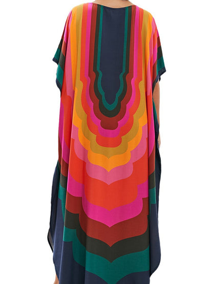 Batwing Sleeves Loose Contrast Color Printed Sun Protection Round-neck Maxi Dresses
