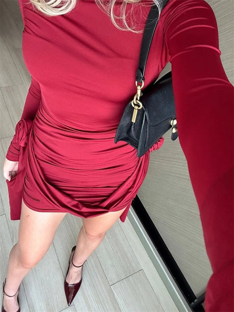 Pleated Mini Dress for Slim High Waist Autumn Dress Female Bodycon Dress New